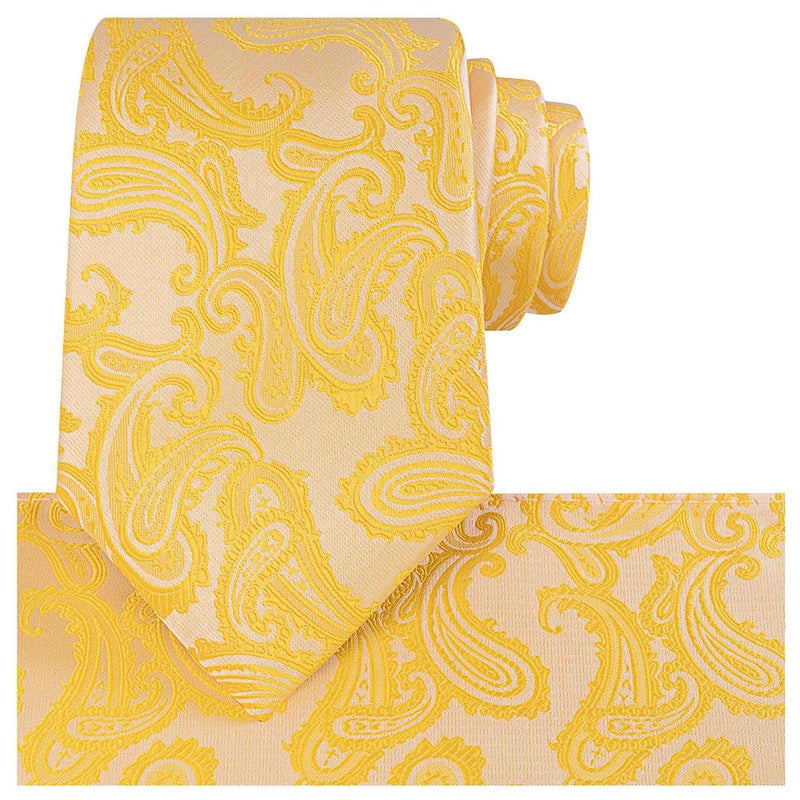 KissTies Yellow Tie Set Wedding Ties Paisley Necktie + Pocket Square - Image 1